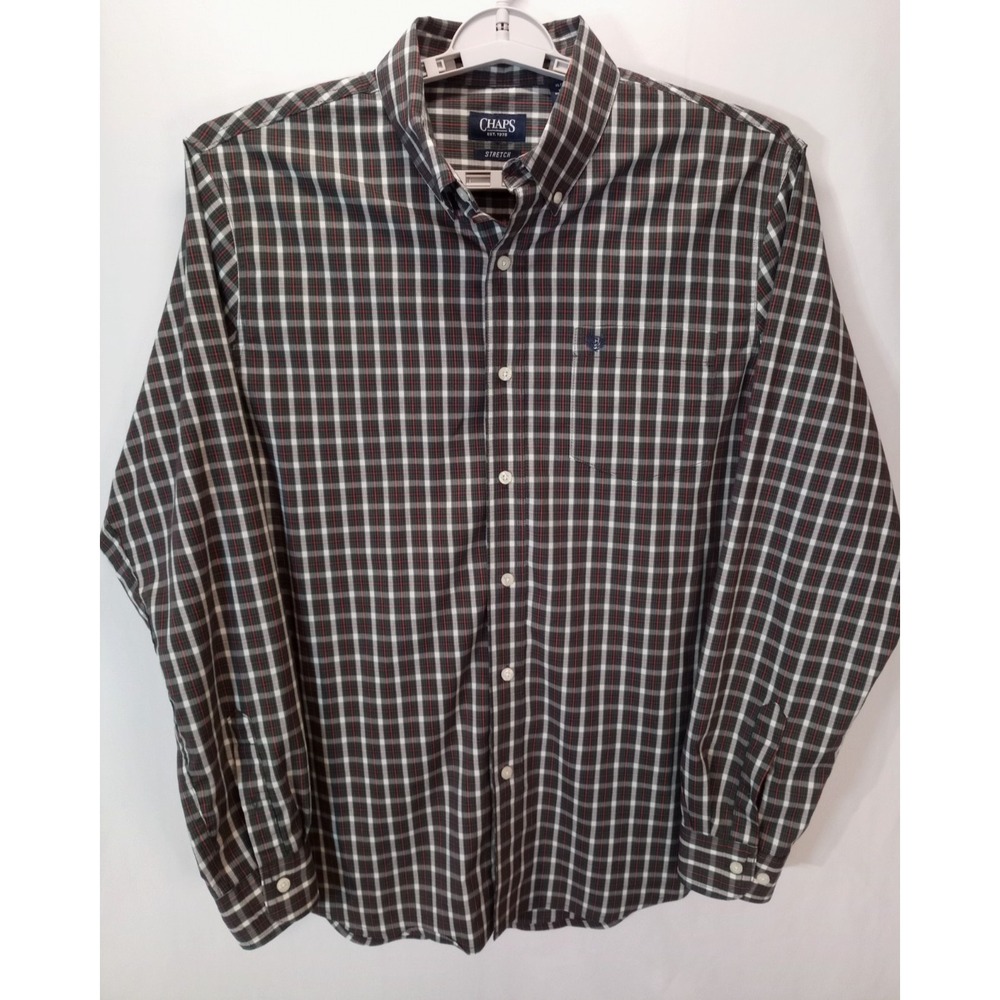 Chaps Stretch Long Sleeve Button Down Men's Shirt, XL, Plaid